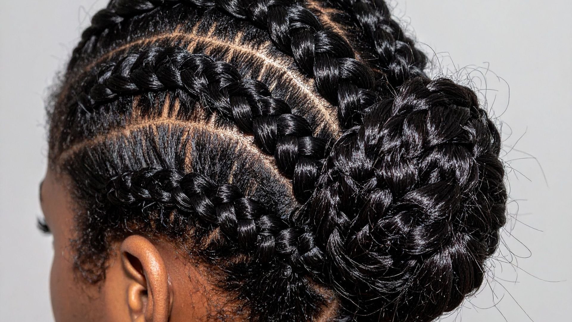 Intricate black braided hairstyle with neat cornrows and curved braid pattern