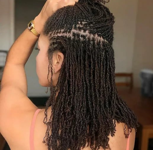 Back view of person with long, curly micro braids hairstyle